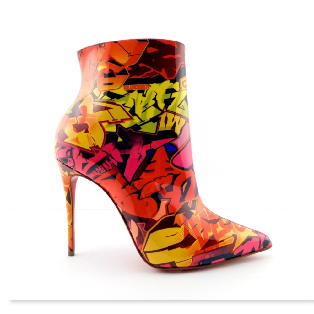 Unworn CHRISTIAN LOUBOUTIN Multi-Color Graffiti Detail Patent Bootie Heels 36.5
